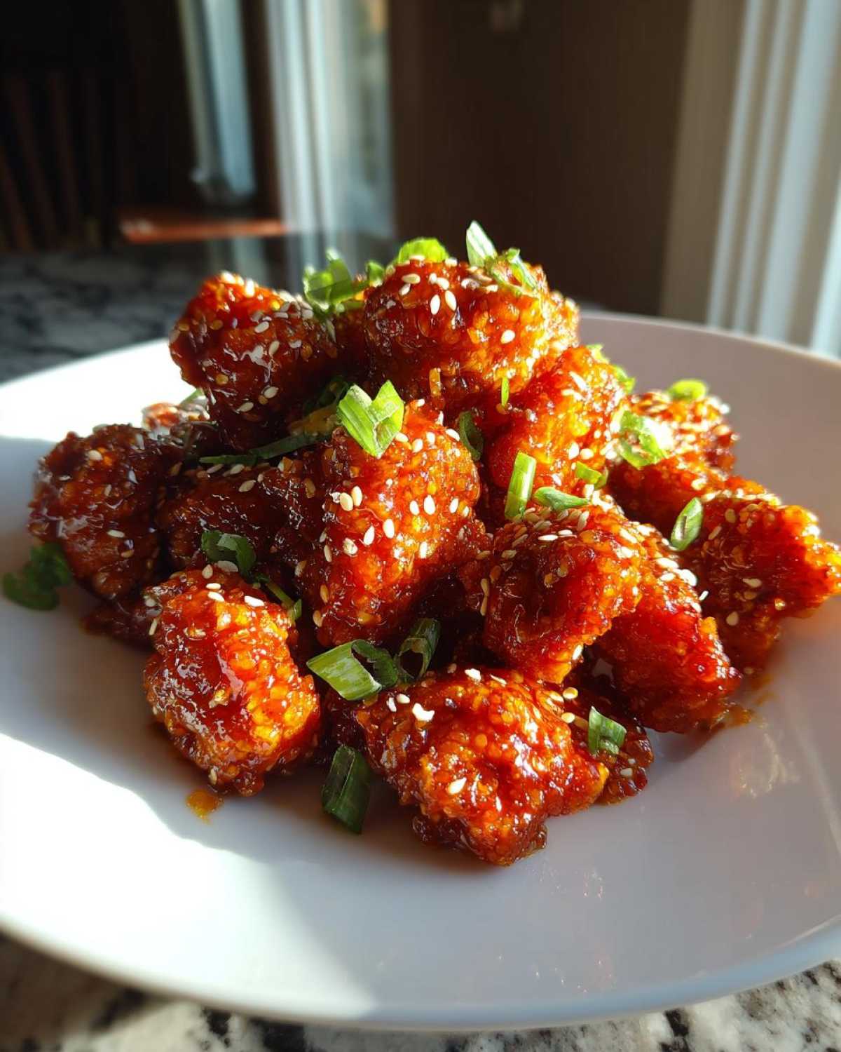 Close-up of crispy chicken pieces coated in a thick, glossy sauce, garnished with sesame seeds and green onions for the orange chicken recipe.