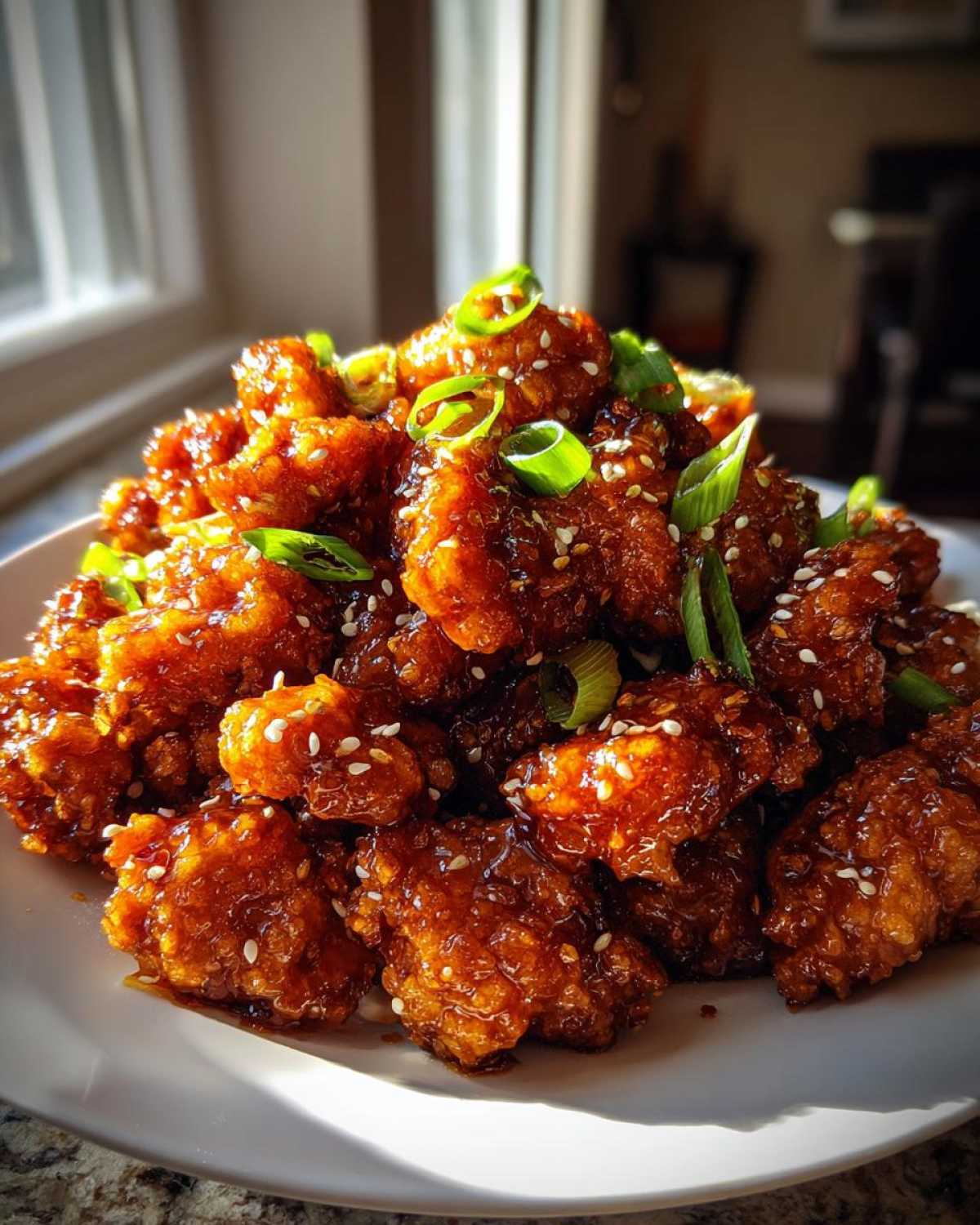 A pile of crispy, glazed orange chicken recipe pieces garnished with sesame seeds and sliced green onions.