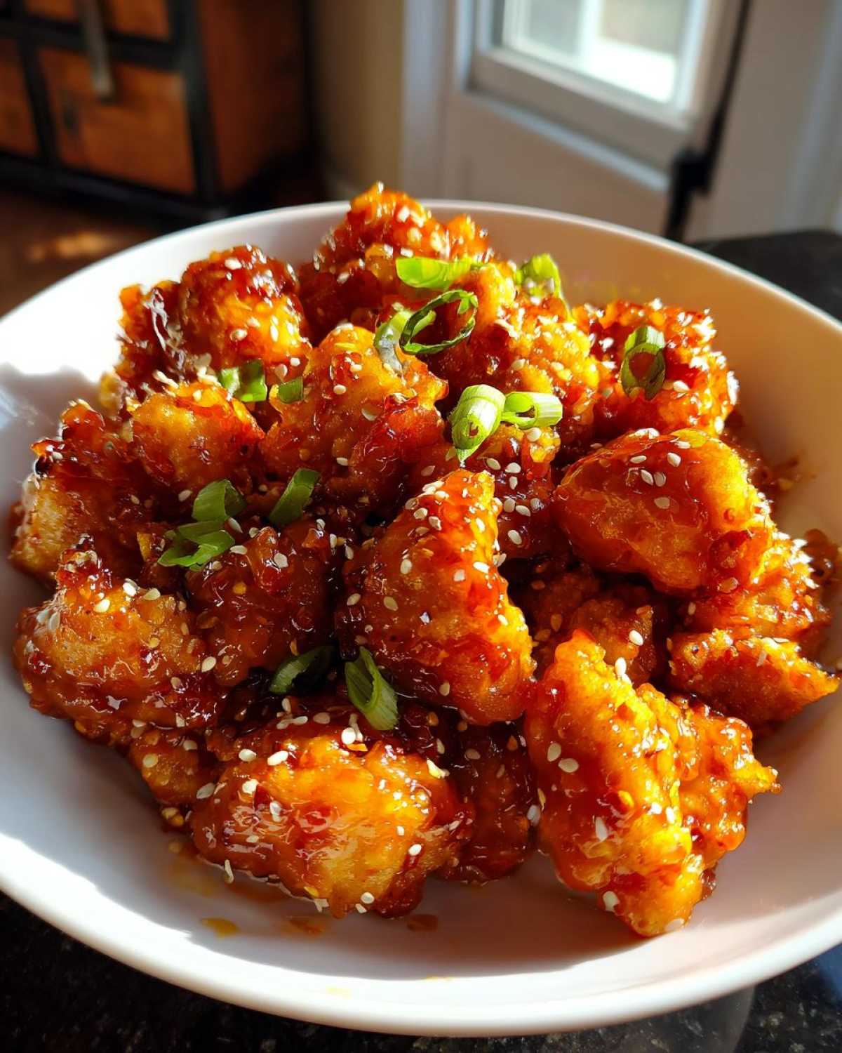 Close-up of crispy, glazed pieces of orange chicken recipe, garnished with sesame seeds and sliced green onions.