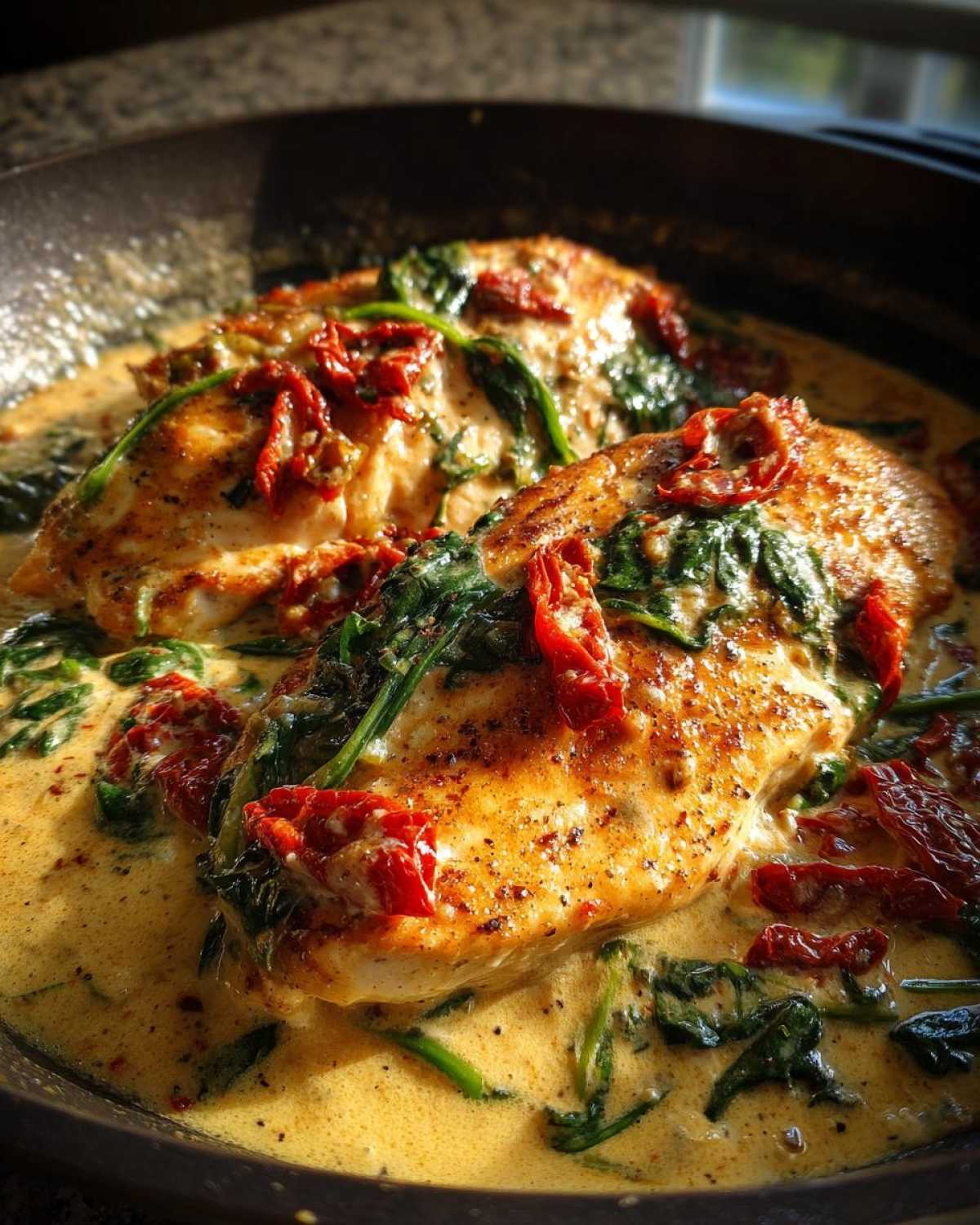 Two golden-brown chicken breasts simmering in a rich, creamy Tuscan sauce with spinach and sun-dried tomatoes.