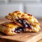 Close-up of two halves of a flaky pastry revealing melted baked brie cheese and dark berry jam filling.