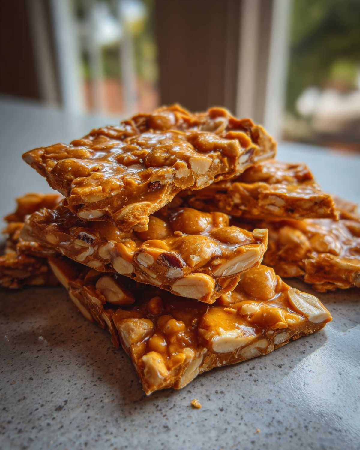 Close-up of several broken pieces of homemade peanut brittle recipe stacked on a counter.
