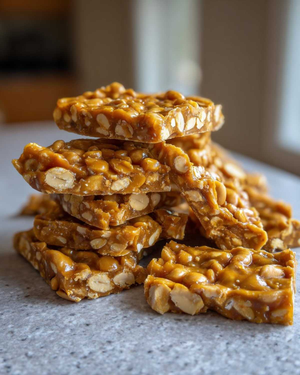 Close-up of stacked, broken pieces of golden brown peanut brittle recipe candy on a gray surface.