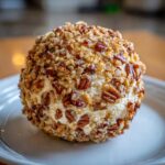 A close-up of a perfectly formed cheese ball recipe coated generously in chopped pecans.