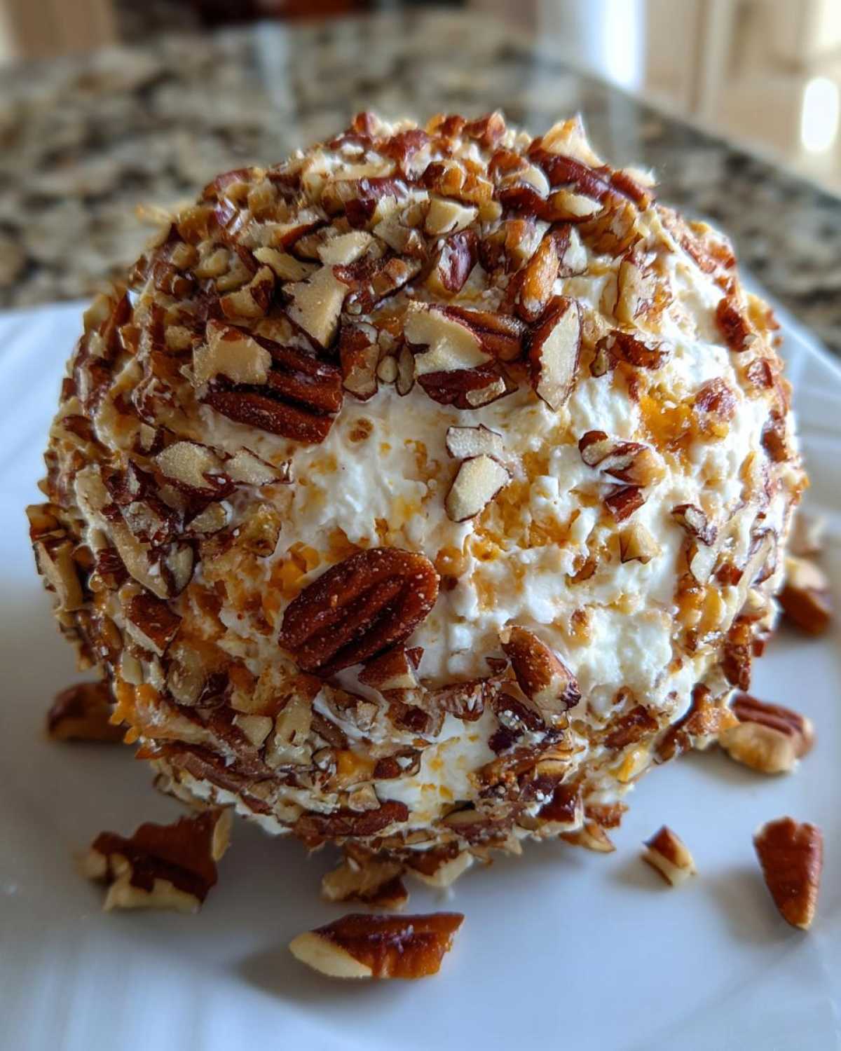 A perfectly formed cheese ball recipe coated entirely in chopped pecans, resting on a white plate.
