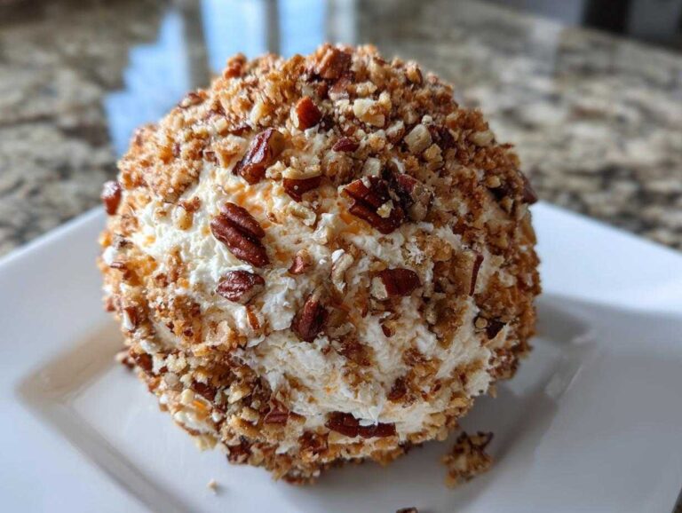A close-up of a perfectly formed cheese ball recipe coated entirely in chopped pecans and served on a white square plate.