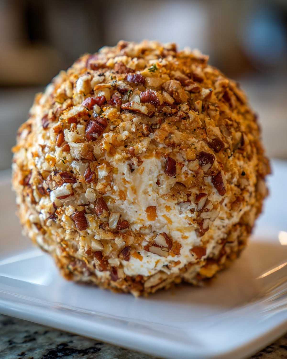 A close-up of a delicious cheese ball recipe coated entirely in chopped pecans and spices, sitting on a white plate.