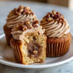 Close-up of two pecan pie cupcakes, one of which is bitten to show the gooey filling inside.