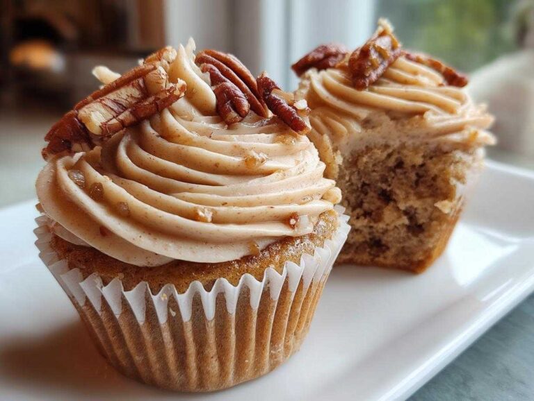 Two delicious pecan pie cupcakes, one whole and one bitten, topped with pecan pieces and brown sugar frosting.
