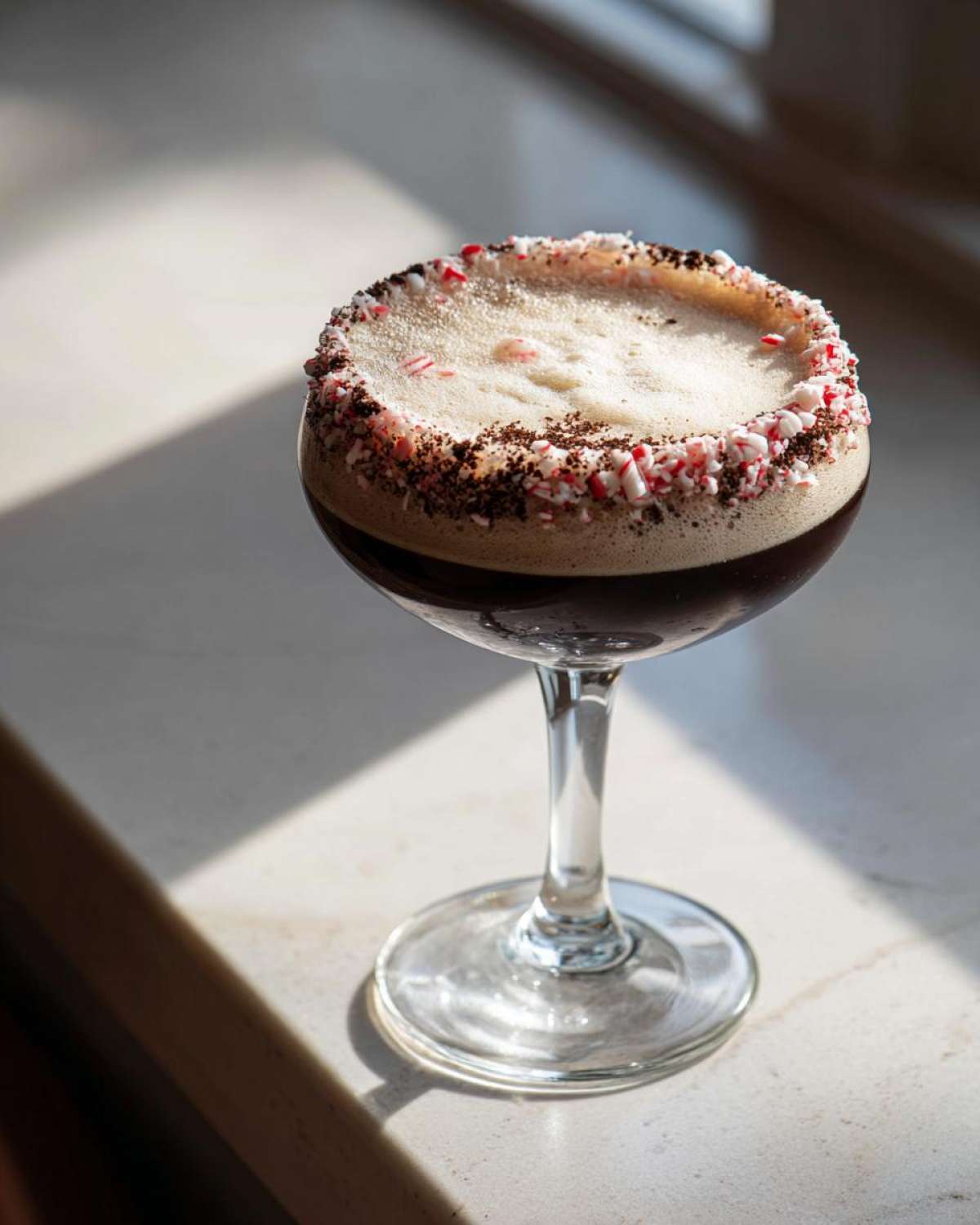 A close-up of a peppermint espresso martini topped with foam and a crushed candy cane rim.