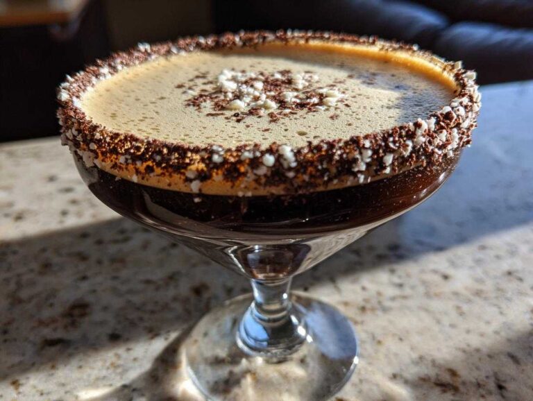 Close-up of a stunning peppermint espresso martini with a chocolate and white sprinkle rim.
