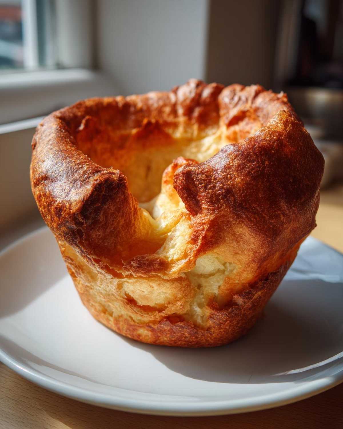 A single, perfectly risen and golden-brown Yorkshire pudding sitting on a white plate.