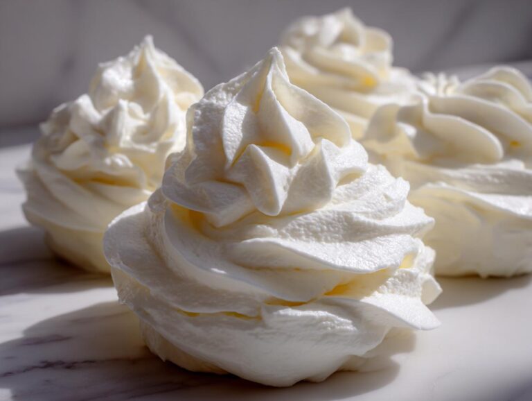 Close-up of perfectly piped swirls of thick, white cream cheese frosting on a marble surface.