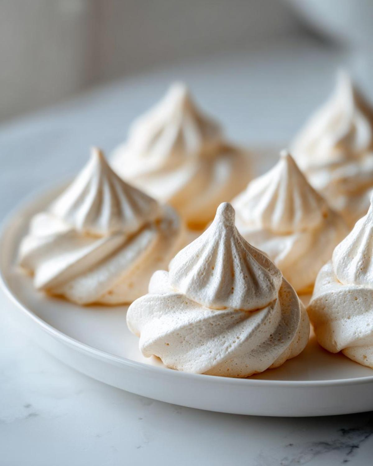 Close-up of several perfectly piped, light-colored meringue cookies arranged on a white serving plate.