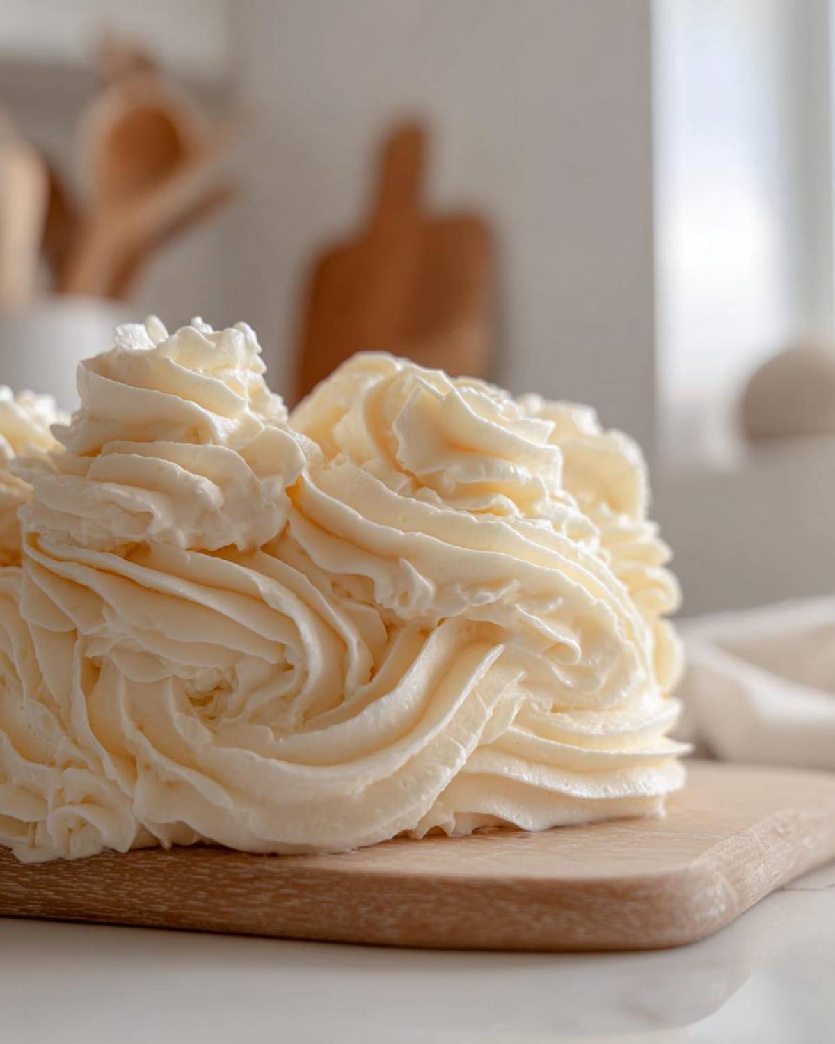 Close-up of rich, piped swirls of creamy vanilla buttercream frosting on a wooden board.