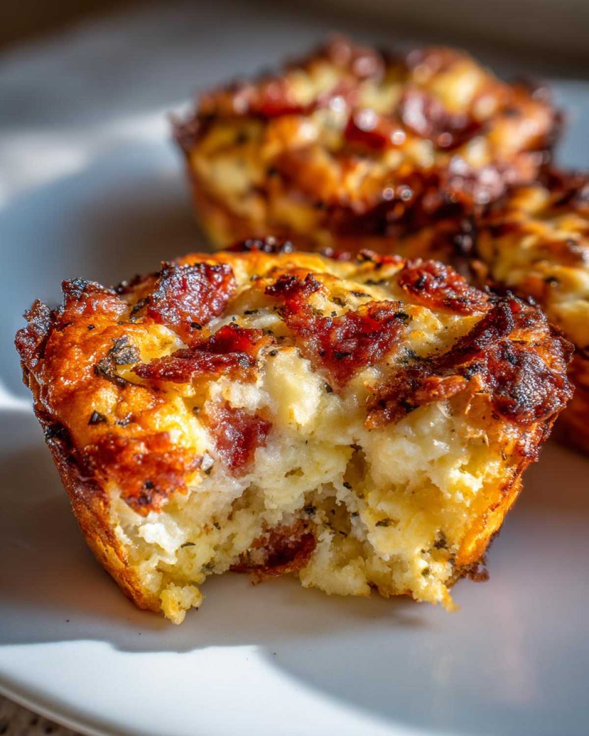 A close-up shot of a freshly baked pizza muffin with a bite taken out, showing the fluffy interior and crispy, cheesy topping.