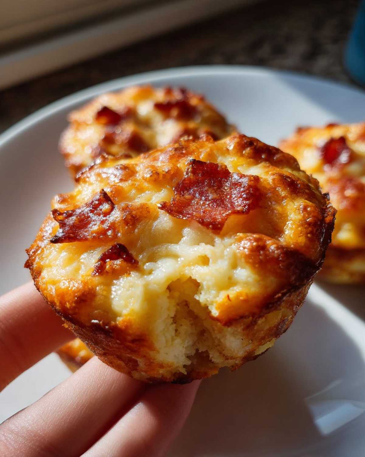 A hand holding a golden-brown, cheesy pizza muffin with a bite taken out, showing the soft interior.