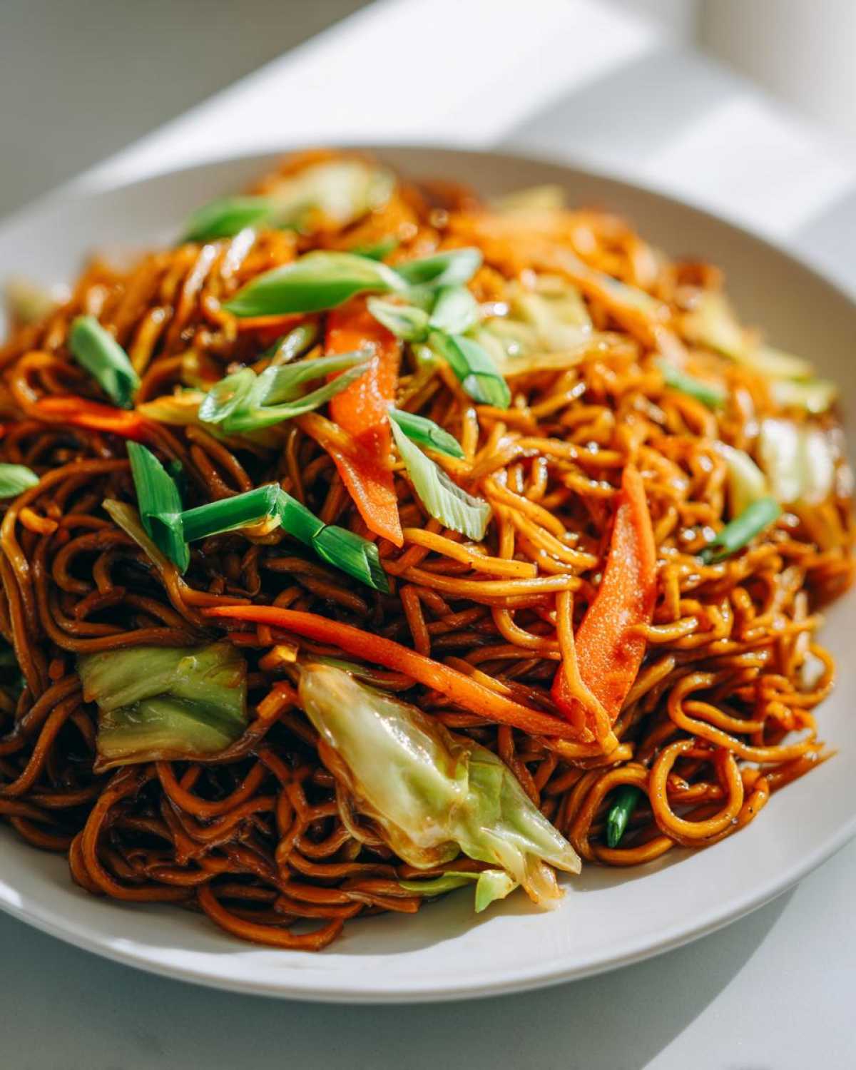 Close-up of a white plate piled high with glossy, dark brown fried noodles mixed with bright orange carrots and green cabbage, topped with scallions.