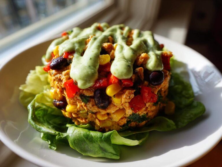 A molded portion of southwest chicken salad topped with a creamy green avocado dressing, served on lettuce leaves.