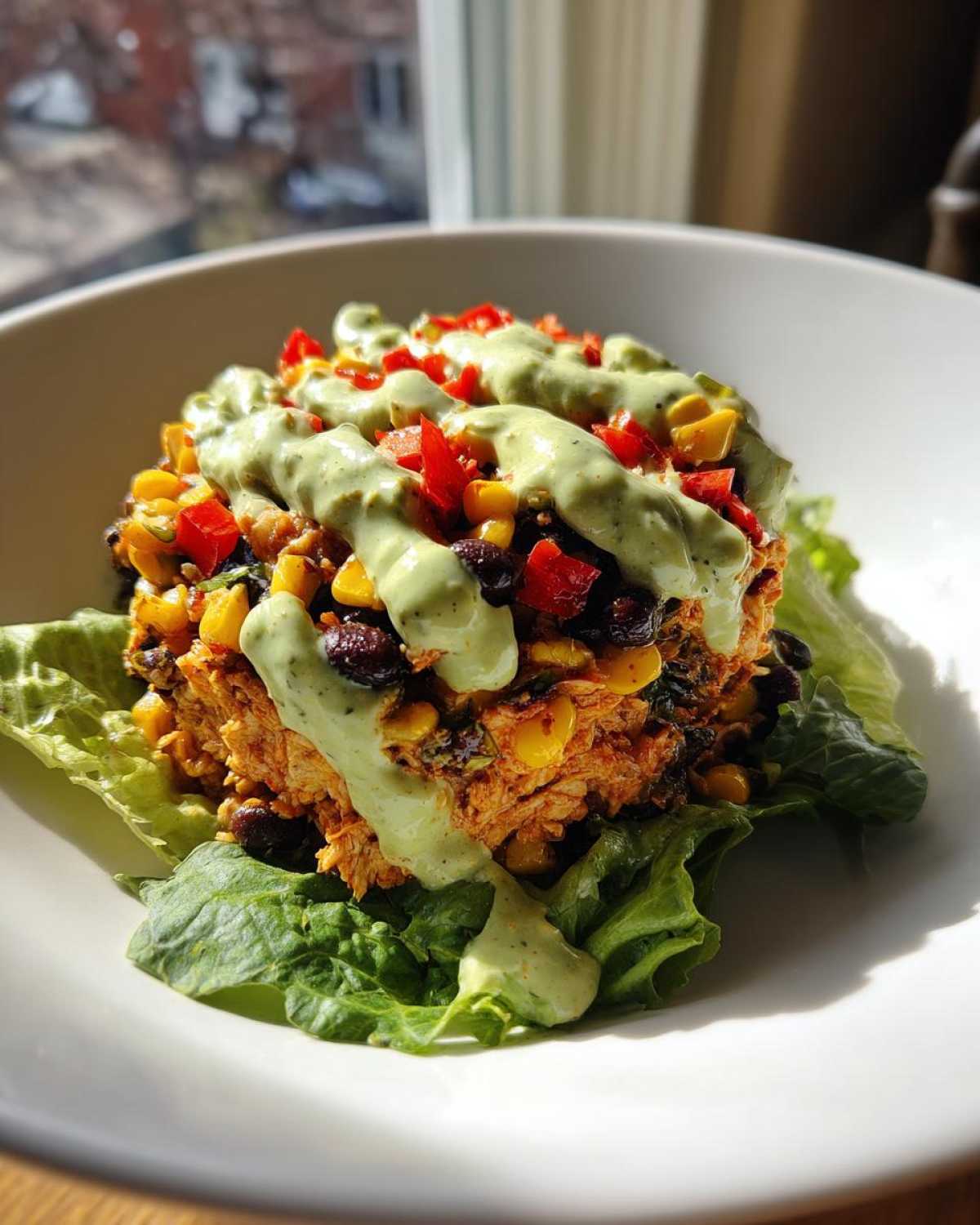 A beautifully plated serving of southwest chicken salad mixture, topped with a creamy green dressing and served over lettuce leaves.