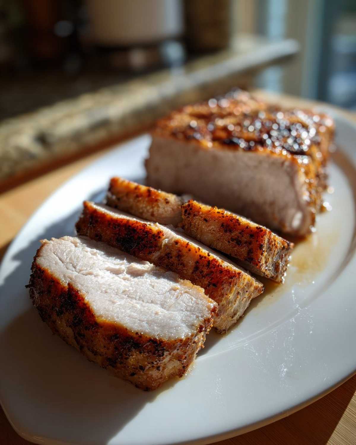Slices of juicy pork loin roast with a beautifully seared, seasoned crust resting on a white platter.