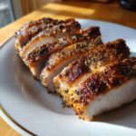 Four thick slices of perfectly cooked pork loin roast showing a juicy interior and dark pepper crust.