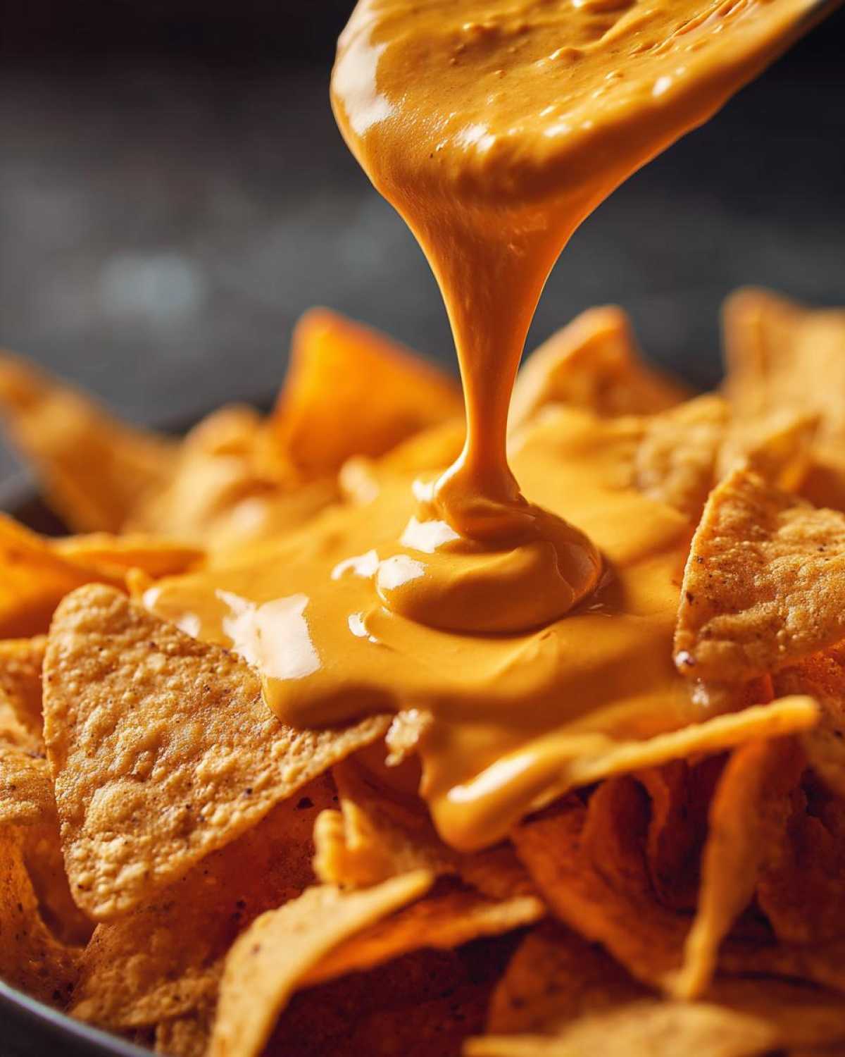 Close-up of thick, creamy nacho cheese being poured from a spoon onto a pile of crispy tortilla chips.