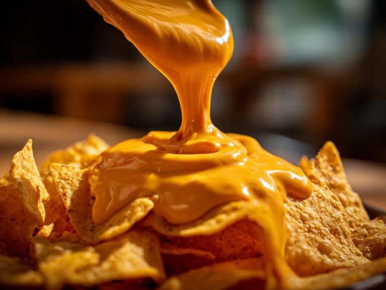 A close-up shot of rich, creamy nacho cheese being poured from above onto a pile of crispy tortilla chips.