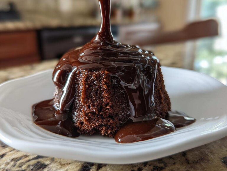Thick, glossy chocolate syrup being poured over a small, dark chocolate cake slice on a white plate.