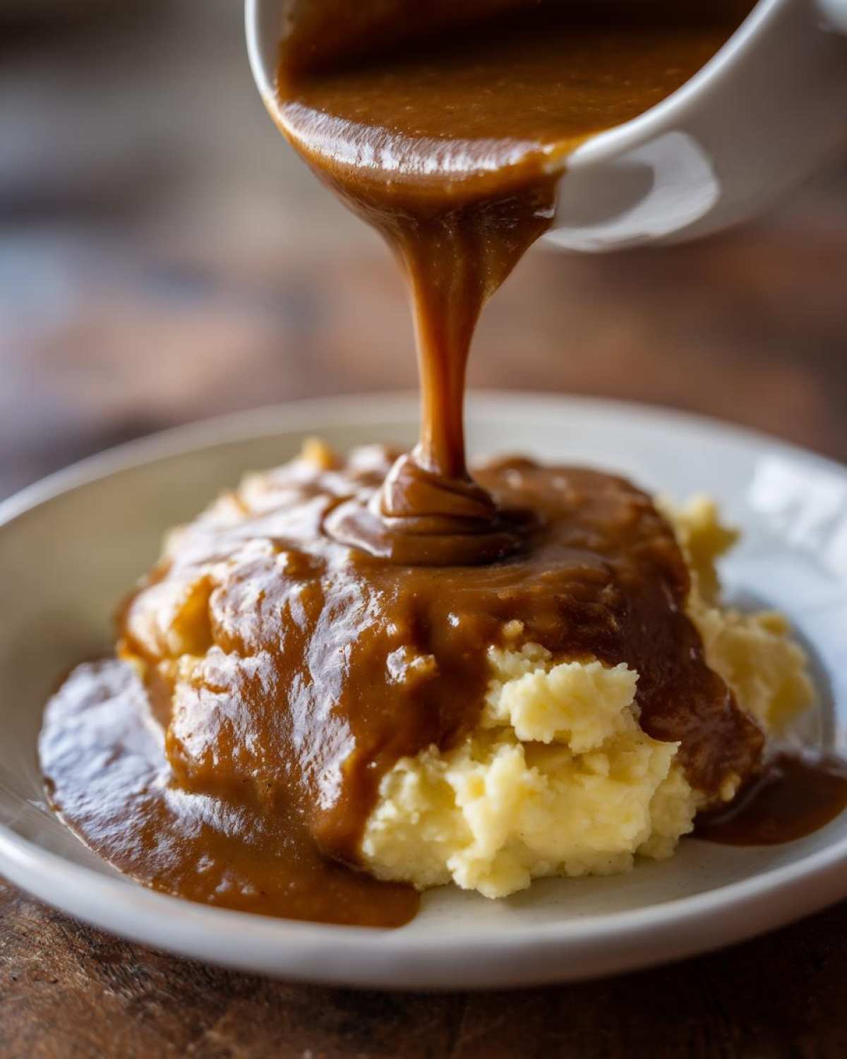 Thick, rich homemade brown gravy being poured from a white gravy boat onto a mound of creamy mashed potatoes.