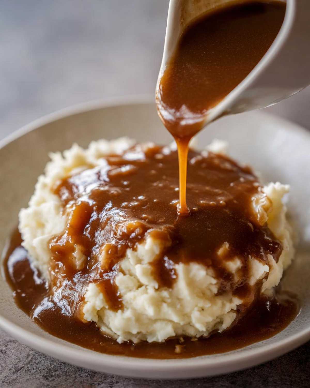 Pouring rich homemade brown gravy from a white gravy boat onto a mound of fluffy mashed potatoes.