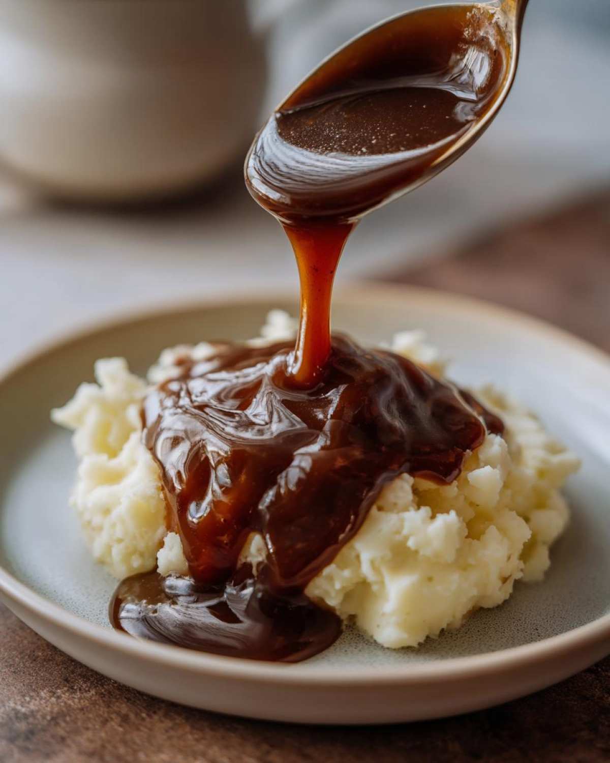 A spoonful of rich, thick homemade brown gravy being poured over a serving of fluffy mashed potatoes.