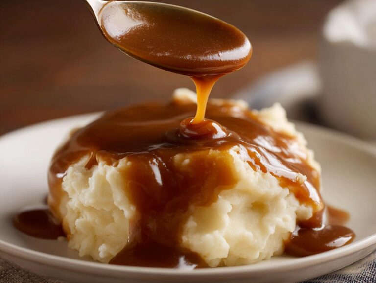 Amazing 15-Minute homemade brown gravy A spoonful of rich, homemade brown gravy being poured over a mound of fluffy mashed potatoes.