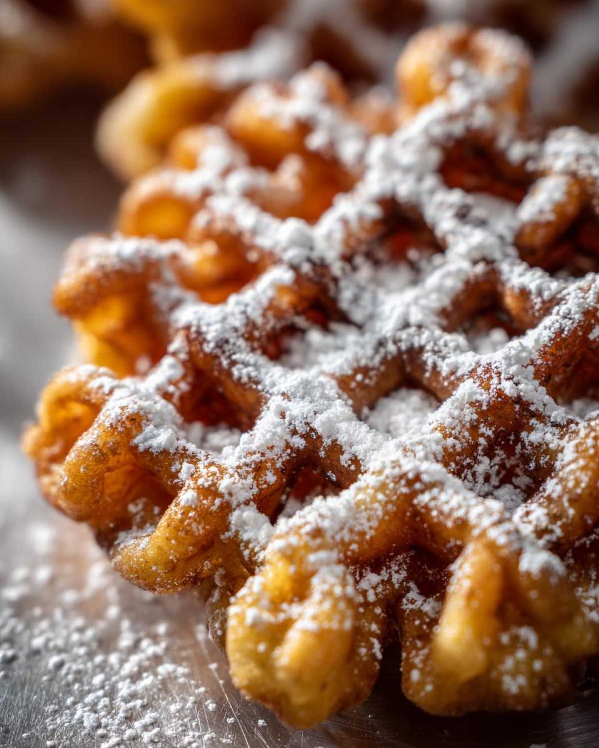 Extreme close-up of a golden-brown, freshly fried funnel cake recipe generously dusted with white powdered sugar.