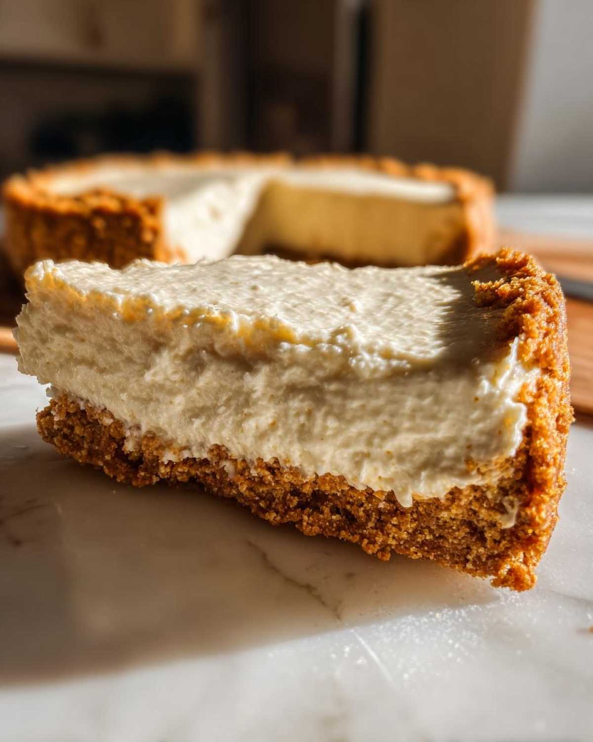 A thick slice of creamy Protein Cheesecake with a golden brown graham cracker crust, whole cake in background.