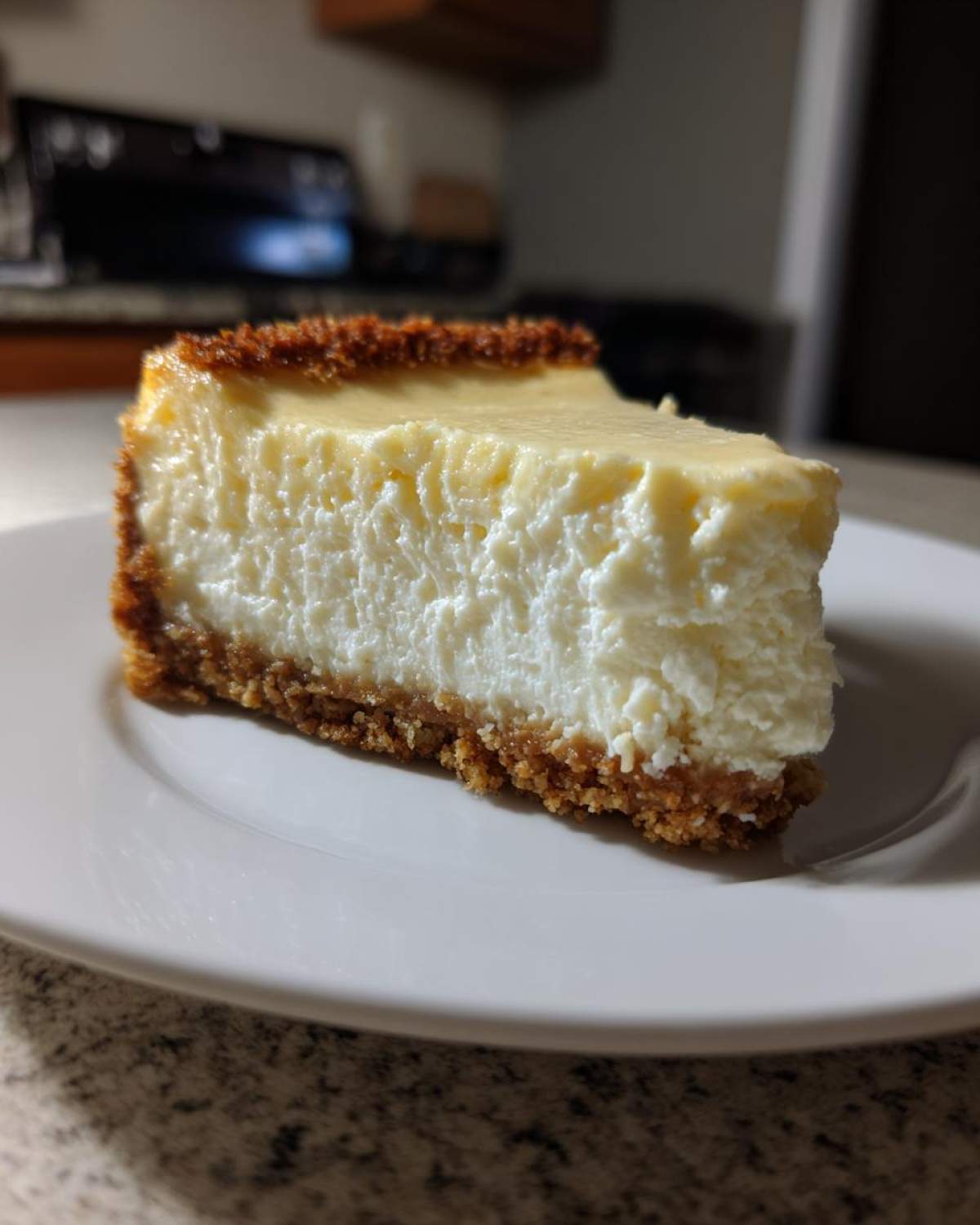 A thick slice of creamy Protein Cheesecake with a golden brown crumb crust served on a white plate.