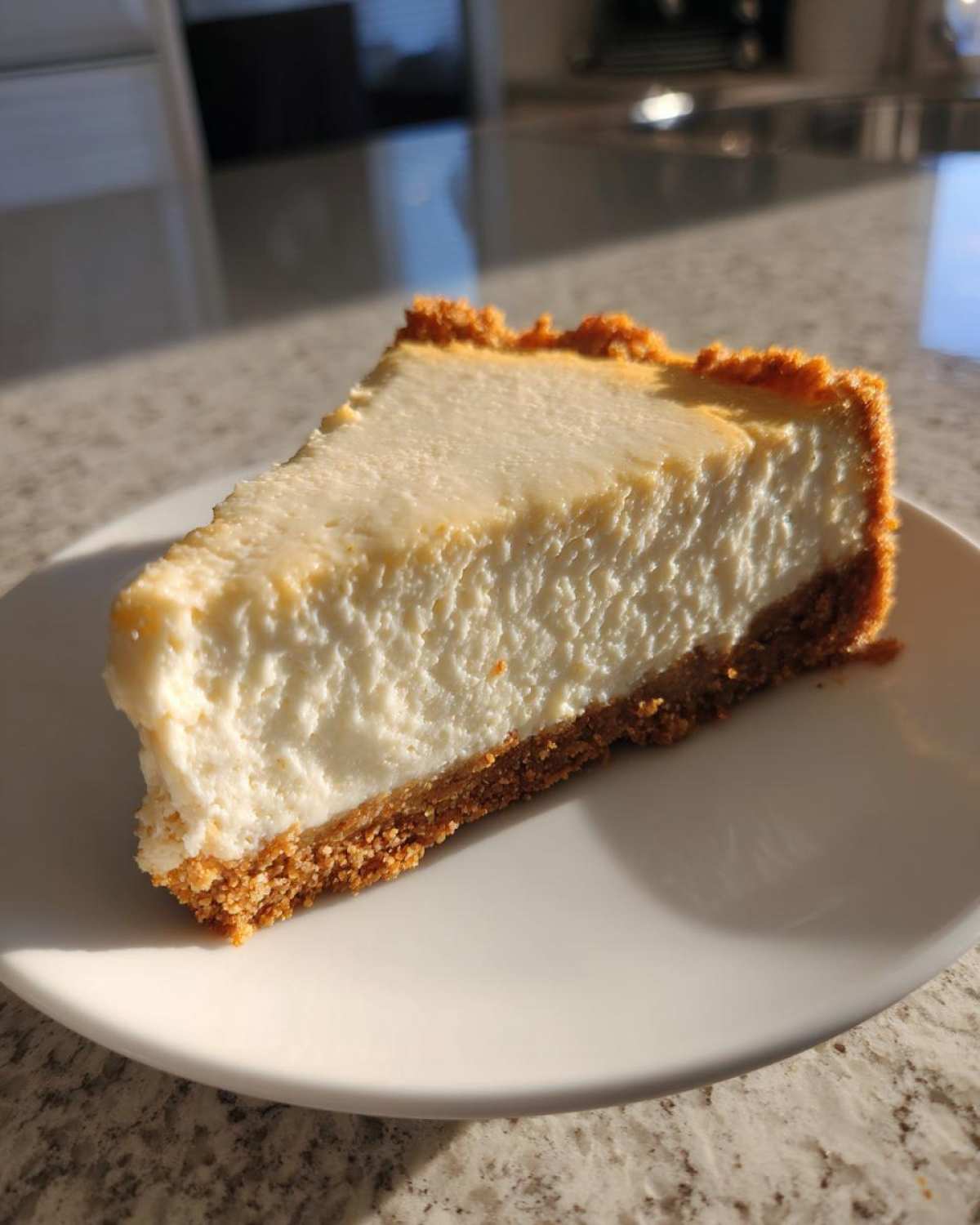 A perfect slice of creamy Protein Cheesecake with a thick graham cracker crust, sitting on a white plate in bright sunlight.