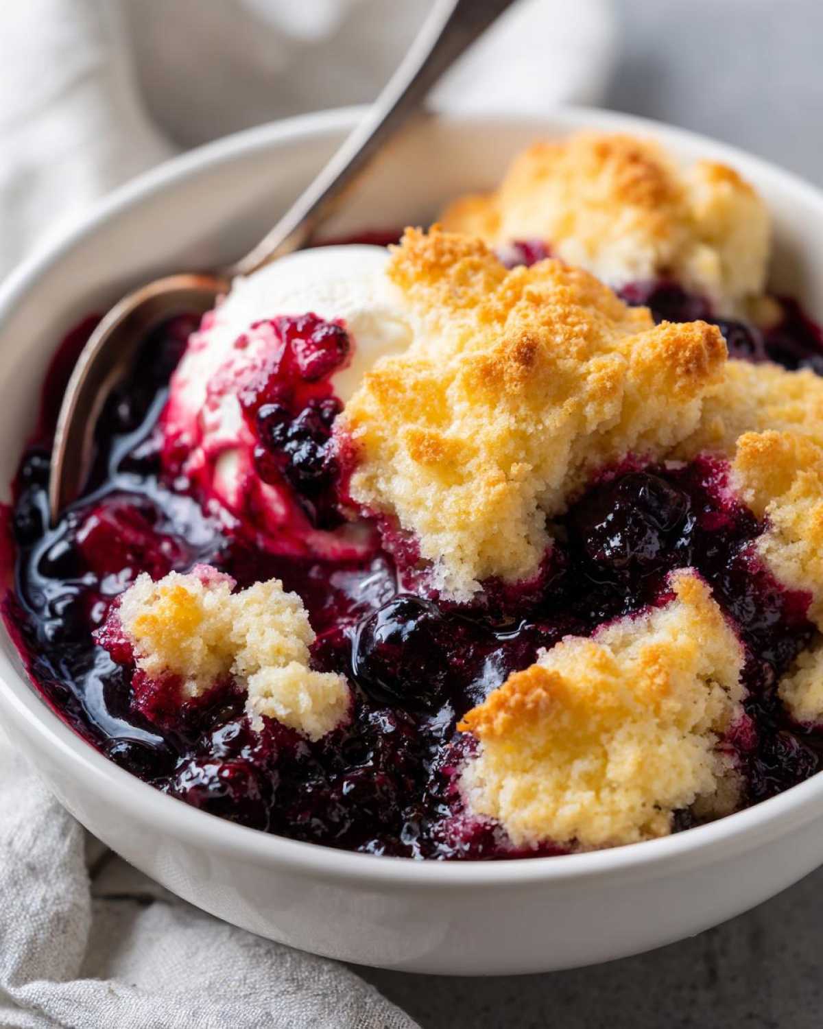 A close-up of a warm berry cobbler topped with a scoop of melting vanilla ice cream and a spoon.
