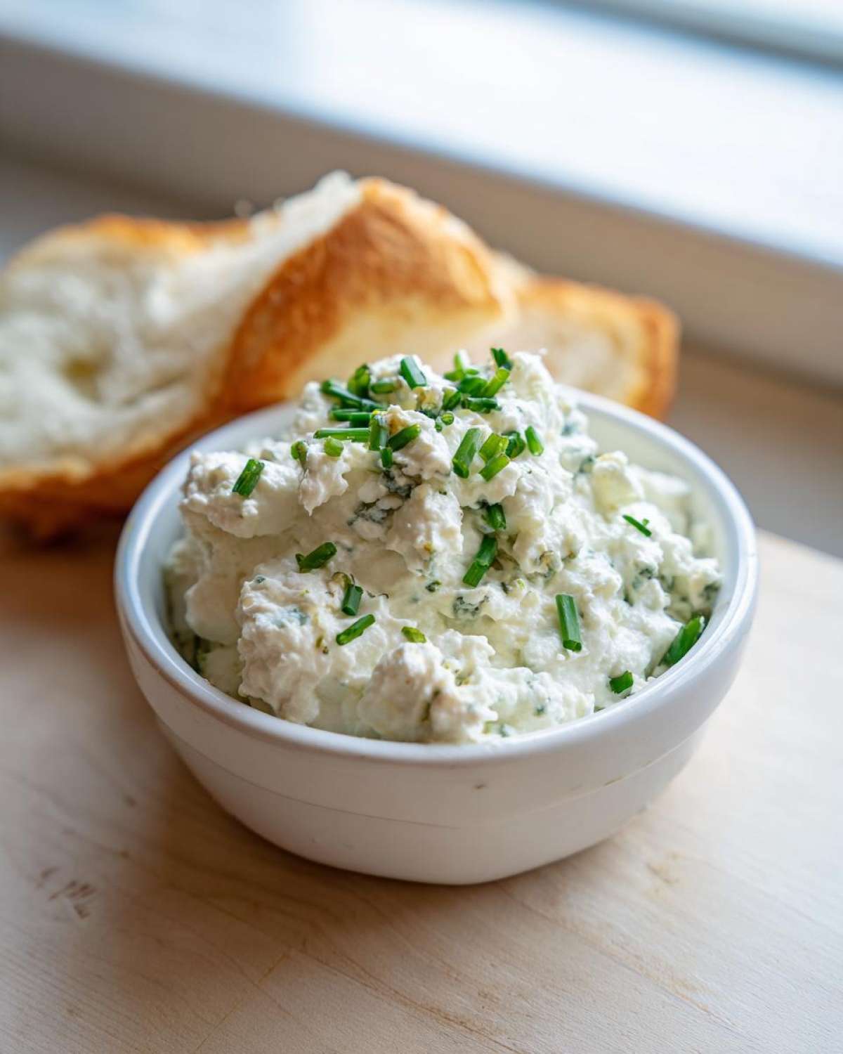 A small white bowl filled with creamy, chunky blue cheese dip topped with fresh chopped chives, served with bread.