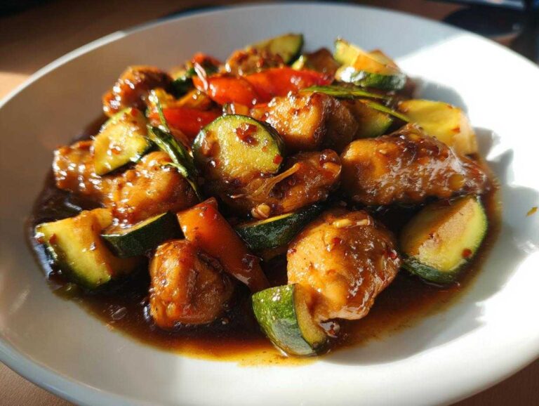 A close-up of glistening, saucy chicken pieces mixed with thick slices of zucchini in a delicious chicken zucchini stir fry.