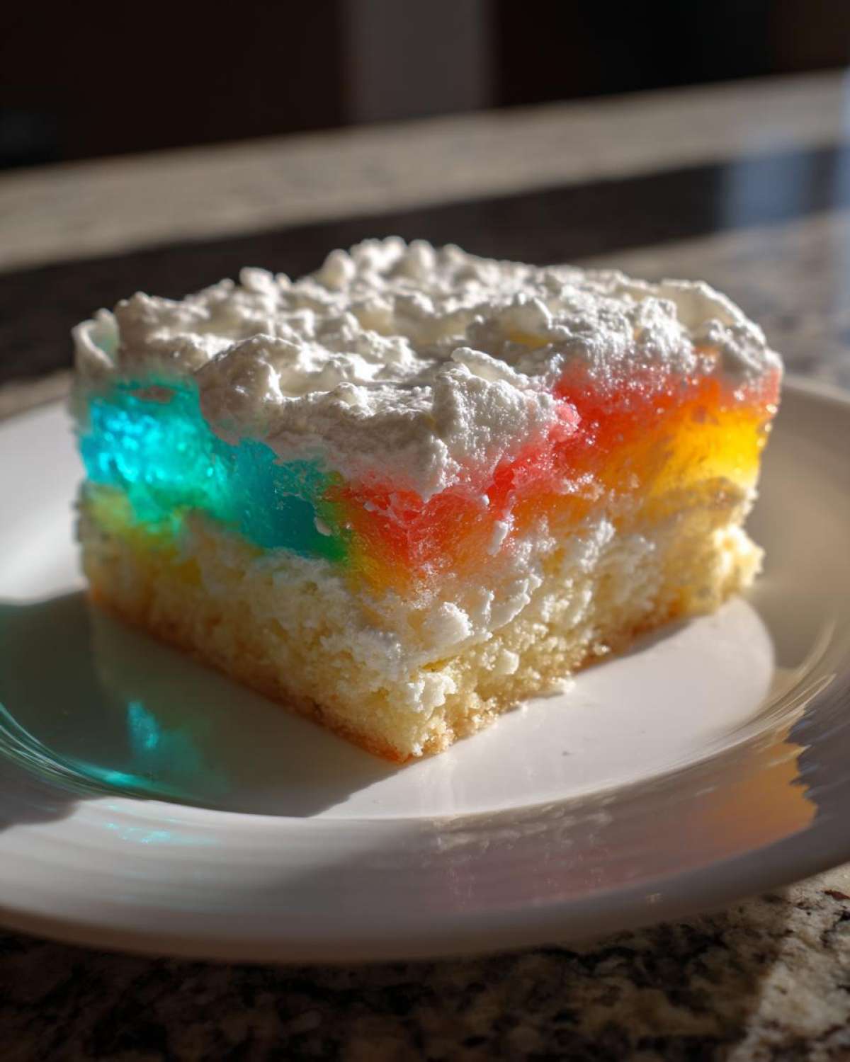 A single slice of rainbow jello poke cake topped with whipped cream on a white plate.