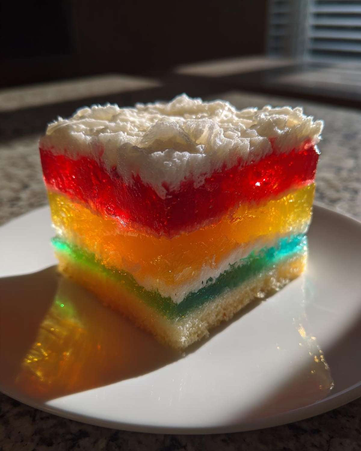A square slice of rainbow jello poke cake with multiple colorful layers and whipped topping.
