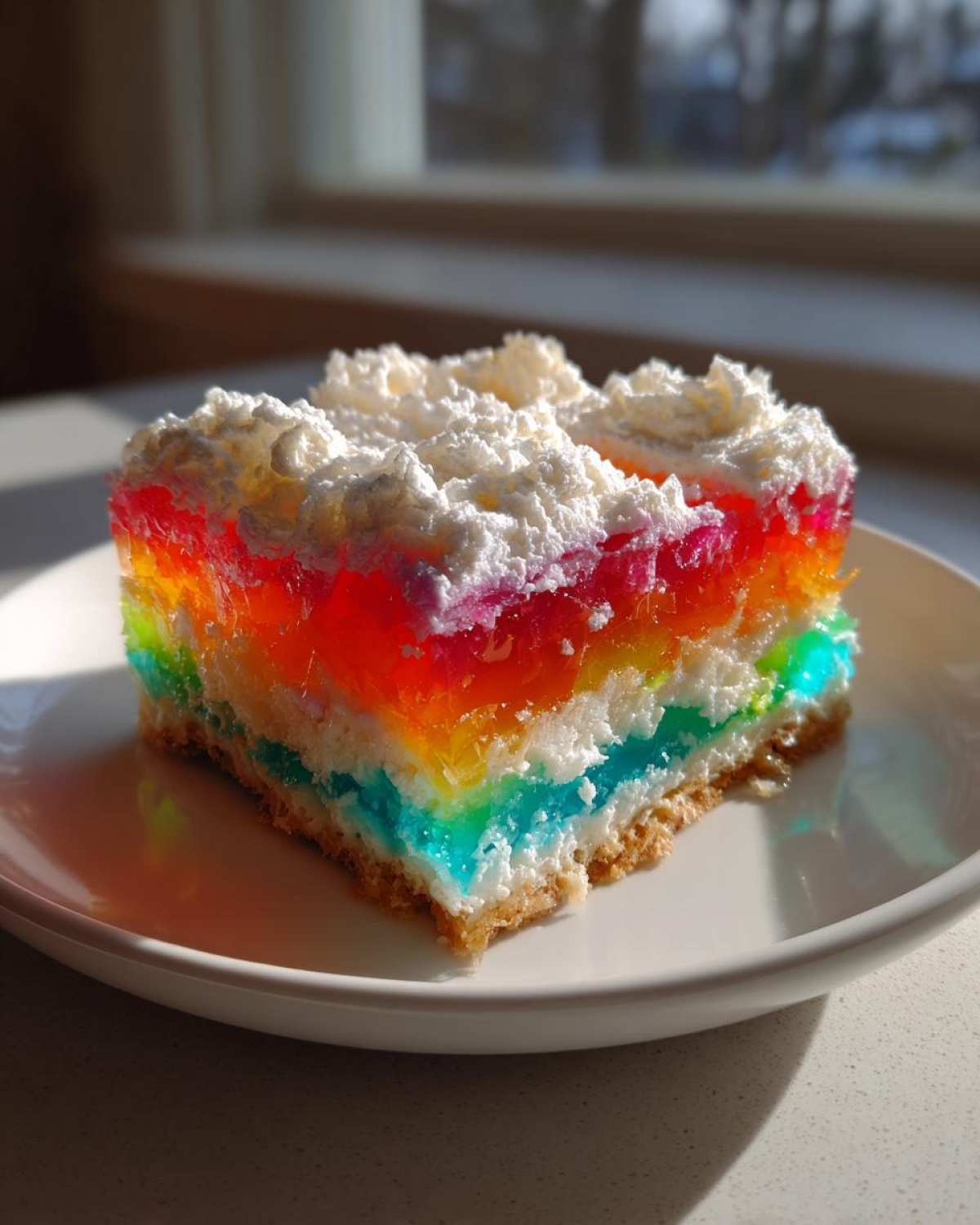 A vibrant slice of rainbow jello poke cake showing layers of colorful gelatin, white creamy filling, and a crust, topped with whipped cream.