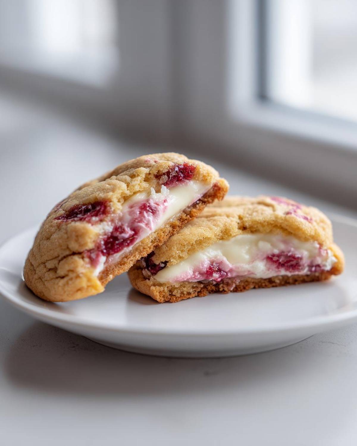 A raspberry cheesecake cookie cut in half showing the creamy white filling and bright red raspberry swirls.