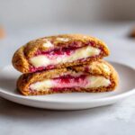 Two halves of a gooey raspberry cheesecake cookies stacked, showing the creamy filling and bright raspberry swirl.