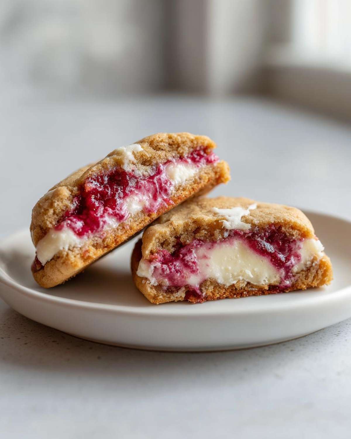 Two halves of a raspberry cheesecake cookie showing the thick, creamy cheesecake filling swirled with bright red raspberry jam.