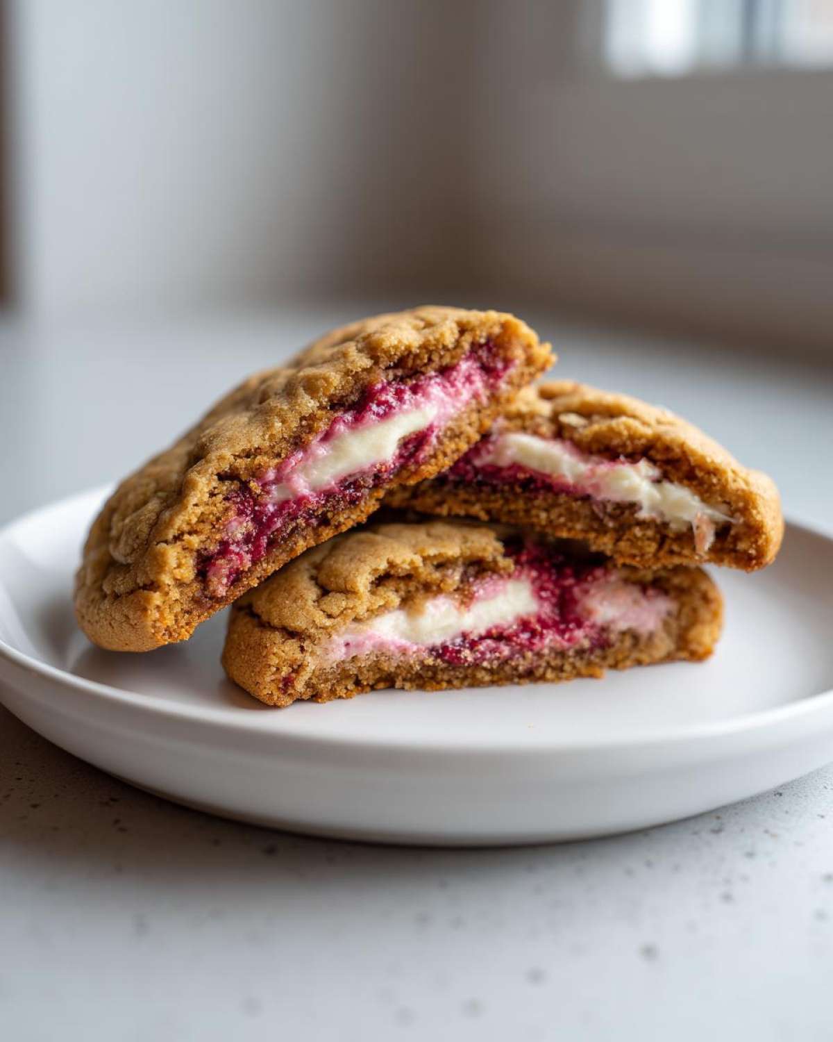 Close-up of raspberry cheesecake cookies cut in half showing the creamy white filling and vibrant raspberry layer.