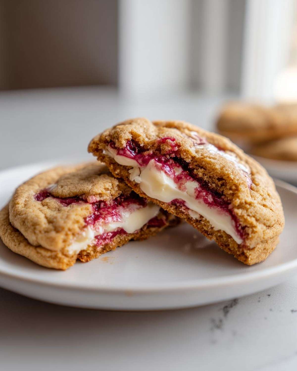 Close-up of a raspberry cheesecake cookie cut in half showing the gooey white cheesecake filling and bright red raspberry swirl.