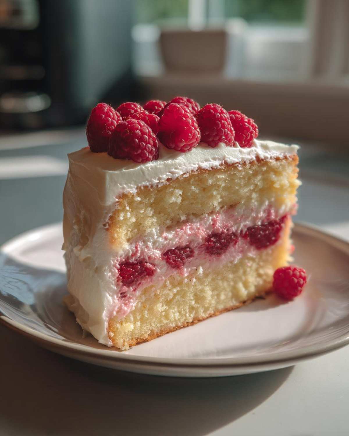 A delicious slice of layer cake with white frosting and raspberries, showcasing the layers of sponge and fruit filling, similar to a rose cake.