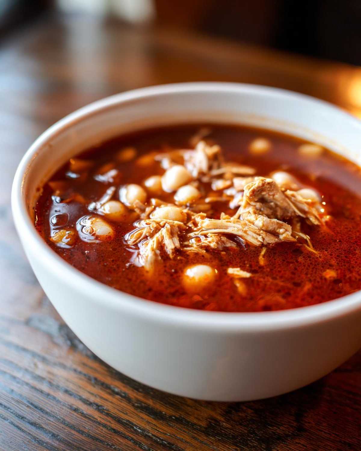Close-up of a white bowl filled with rich, red broth chicken pozole, featuring shredded chicken and hominy kernels.